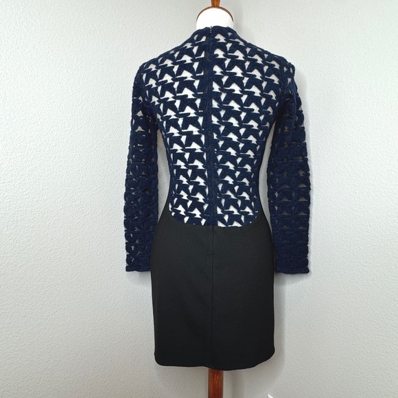 UKE. Bodycon Dress Sz 6 Made in Spain Lace Mesh Top Ponte Knit Bottom Navy Black - Picture 5 of 11